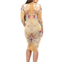 Hawaii Peach Palaka Long Sleeve Bodycon Dress With Tapa Pattern Tropical Flowers - Polynesian Pride