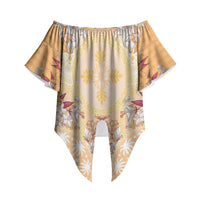 Hawaii Peach Palaka Off Shoulder Wrap Waist Top With Tapa Pattern Tropical Flowers LT05 Peach - Polynesian Pride