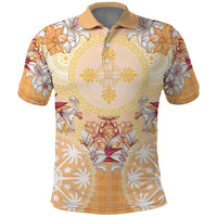 Hawaii Peach Palaka Polo Shirt With Tapa Pattern Tropical Flowers - Polynesian Pride