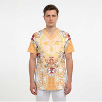 Hawaii Peach Palaka Scrub Top With Tapa Pattern Tropical Flowers - Polynesian Pride