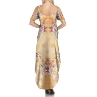 Hawaii Peach Palaka Summer Maxi Dress With Tapa Pattern Tropical Flowers - Polynesian Pride