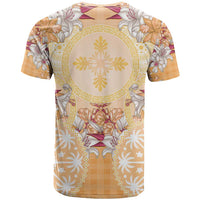Hawaii Peach Palaka T Shirt With Tapa Pattern Tropical Flowers - Polynesian Pride