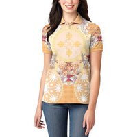 Hawaii Peach Palaka Women Polo Shirt With Tapa Pattern Tropical Flowers LT05 - Polynesian Pride