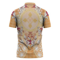 Hawaii Peach Palaka Zipper Polo Shirt With Tapa Pattern Tropical Flowers - Polynesian Pride