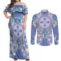 Hawaii Violet Palaka Couples Matching Off Shoulder Maxi Dress and Long Sleeve Button Shirt With Tapa Pattern Tropical Flowers - Polynesian Pride