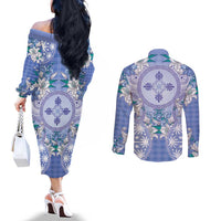 Hawaii Violet Palaka Couples Matching Off The Shoulder Long Sleeve Dress and Long Sleeve Button Shirt With Tapa Pattern Tropical Flowers - Polynesian Pride