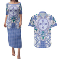 Hawaii Violet Palaka Couples Matching Puletasi and Hawaiian Shirt With Tapa Pattern Tropical Flowers - Polynesian Pride