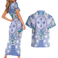 Hawaii Violet Palaka Couples Matching Short Sleeve Bodycon Dress and Hawaiian Shirt With Tapa Pattern Tropical Flowers - Polynesian Pride