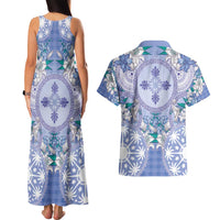 Hawaii Violet Palaka Couples Matching Tank Maxi Dress and Hawaiian Shirt With Tapa Pattern Tropical Flowers - Polynesian Pride