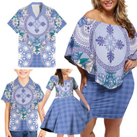 Hawaii Violet Palaka Family Matching Off Shoulder Short Dress and Hawaiian Shirt With Tapa Pattern Tropical Flowers - Polynesian Pride
