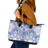 Hawaii Violet Palaka Leather Tote Bag With Tapa Pattern Tropical Flowers - Polynesian Pride
