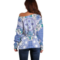 Hawaii Violet Palaka Off Shoulder Sweater With Tapa Pattern Tropical Flowers - Polynesian Pride