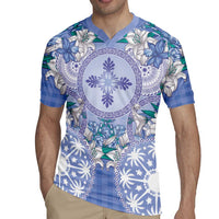 Hawaii Violet Palaka Rugby Jersey With Tapa Pattern Tropical Flowers - Polynesian Pride