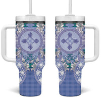 Hawaii Violet Palaka Tumbler With Handle With Tapa Pattern Tropical Flowers - Polynesian Pride