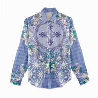 Hawaii Violet Palaka Women Casual Shirt With Tapa Pattern Tropical Flowers - Polynesian Pride