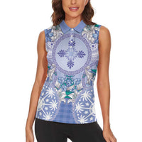Hawaii Violet Palaka Women Sleeveless Polo Shirt With Tapa Pattern Tropical Flowers - Polynesian Pride