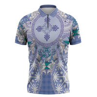 Hawaii Violet Palaka Zipper Polo Shirt With Tapa Pattern Tropical Flowers - Polynesian Pride
