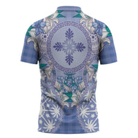Hawaii Violet Palaka Zipper Polo Shirt With Tapa Pattern Tropical Flowers - Polynesian Pride