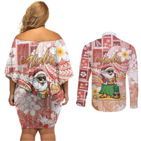 Hawaii Mele Kalikimaka Couples Matching Off Shoulder Short Dress and Long Sleeve Button Shirt Hula Santa Retro Style Red - Polynesian Pride