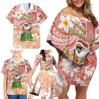 Hawaii Mele Kalikimaka Family Matching Off Shoulder Short Dress and Hawaiian Shirt Hula Santa Retro Style Red - Polynesian Pride