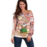 Hawaii Mele Kalikimaka Off Shoulder Sweater Hula Santa Retro Style Red LT05 Women Red - Polynesian Pride