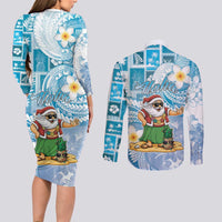 Hawaii Mele Kalikimaka Couples Matching Long Sleeve Bodycon Dress and Long Sleeve Button Shirt Hula Santa Retro Style Blue - Polynesian Pride