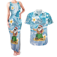 Hawaii Mele Kalikimaka Couples Matching Tank Maxi Dress and Hawaiian Shirt Hula Santa Retro Style Blue - Polynesian Pride