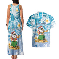 Hawaii Mele Kalikimaka Couples Matching Tank Maxi Dress and Hawaiian Shirt Hula Santa Retro Style Blue - Polynesian Pride
