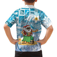 Hawaii Mele Kalikimaka Family Matching Off Shoulder Short Dress and Hawaiian Shirt Hula Santa Retro Style Blue - Polynesian Pride