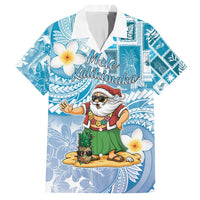 Hawaii Mele Kalikimaka Family Matching Off Shoulder Short Dress and Hawaiian Shirt Hula Santa Retro Style Blue - Polynesian Pride