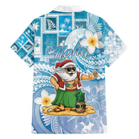 Hawaii Mele Kalikimaka Family Matching Off Shoulder Short Dress and Hawaiian Shirt Hula Santa Retro Style Blue - Polynesian Pride