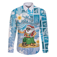 Hawaii Mele Kalikimaka Family Matching Off Shoulder Short Dress and Hawaiian Shirt Hula Santa Retro Style Blue - Polynesian Pride