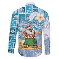 Hawaii Mele Kalikimaka Family Matching Off Shoulder Short Dress and Hawaiian Shirt Hula Santa Retro Style Blue - Polynesian Pride