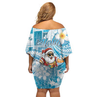 Hawaii Mele Kalikimaka Family Matching Off Shoulder Short Dress and Hawaiian Shirt Hula Santa Retro Style Blue - Polynesian Pride