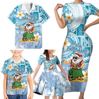 Hawaii Mele Kalikimaka Family Matching Short Sleeve Bodycon Dress and Hawaiian Shirt Hula Santa Retro Style Blue - Polynesian Pride