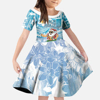 Hawaii Mele Kalikimaka Kid Short Sleeve Dress Hula Santa Retro Style Blue - Polynesian Pride