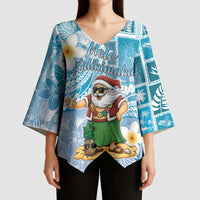 Hawaii Mele Kalikimaka Kimono Sleeve Blouse Hula Santa Retro Style Blue - Polynesian Pride