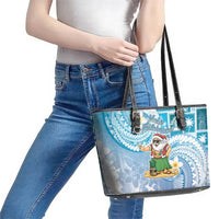 Hawaii Mele Kalikimaka Leather Tote Bag Hula Santa Retro Style Blue - Polynesian Pride