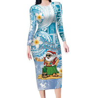 Hawaii Mele Kalikimaka Long Sleeve Bodycon Dress Hula Santa Retro Style Blue - Polynesian Pride