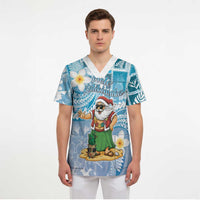 Hawaii Mele Kalikimaka Scrub Top Hula Santa Retro Style Blue - Polynesian Pride