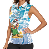 Hawaii Mele Kalikimaka Women Sleeveless Polo Shirt Hula Santa Retro Style Blue - Polynesian Pride