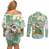 Hawaii Mele Kalikimaka Couples Matching Off Shoulder Short Dress and Long Sleeve Button Shirt Hula Santa Retro Style Green - Polynesian Pride