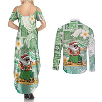 Hawaii Mele Kalikimaka Couples Matching Summer Maxi Dress and Long Sleeve Button Shirt Hula Santa Retro Style Green LT05 - Polynesian Pride