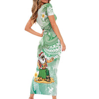 Hawaii Mele Kalikimaka Family Matching Short Sleeve Bodycon Dress and Hawaiian Shirt Hula Santa Retro Style Green - Polynesian Pride