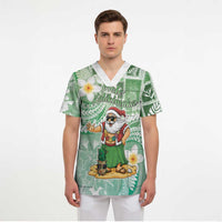 Hawaii Mele Kalikimaka Scrub Top Hula Santa Retro Style Green - Polynesian Pride
