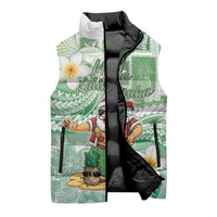 Hawaii Mele Kalikimaka Sleeveless Puffer Jacket Hula Santa Retro Style Green - Polynesian Pride