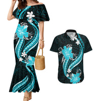 Aqua Polynesian Pattern With Tropical Flowers Couples Matching Mermaid Dress and Hawaiian Shirt LT05 Aqua - Polynesian Pride