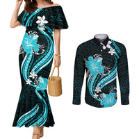 Aqua Polynesian Pattern With Tropical Flowers Couples Matching Mermaid Dress and Long Sleeve Button Shirt LT05 Aqua - Polynesian Pride