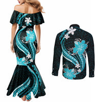 Aqua Polynesian Pattern With Tropical Flowers Couples Matching Mermaid Dress and Long Sleeve Button Shirt LT05 - Polynesian Pride