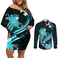 Aqua Polynesian Pattern With Tropical Flowers Couples Matching Off Shoulder Short Dress and Long Sleeve Button Shirt LT05 Aqua - Polynesian Pride